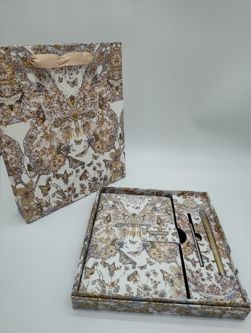 CHRISTIAN DIOR Butterfly Toile Notebook Set Pen Box Gift Bag Limited Edition